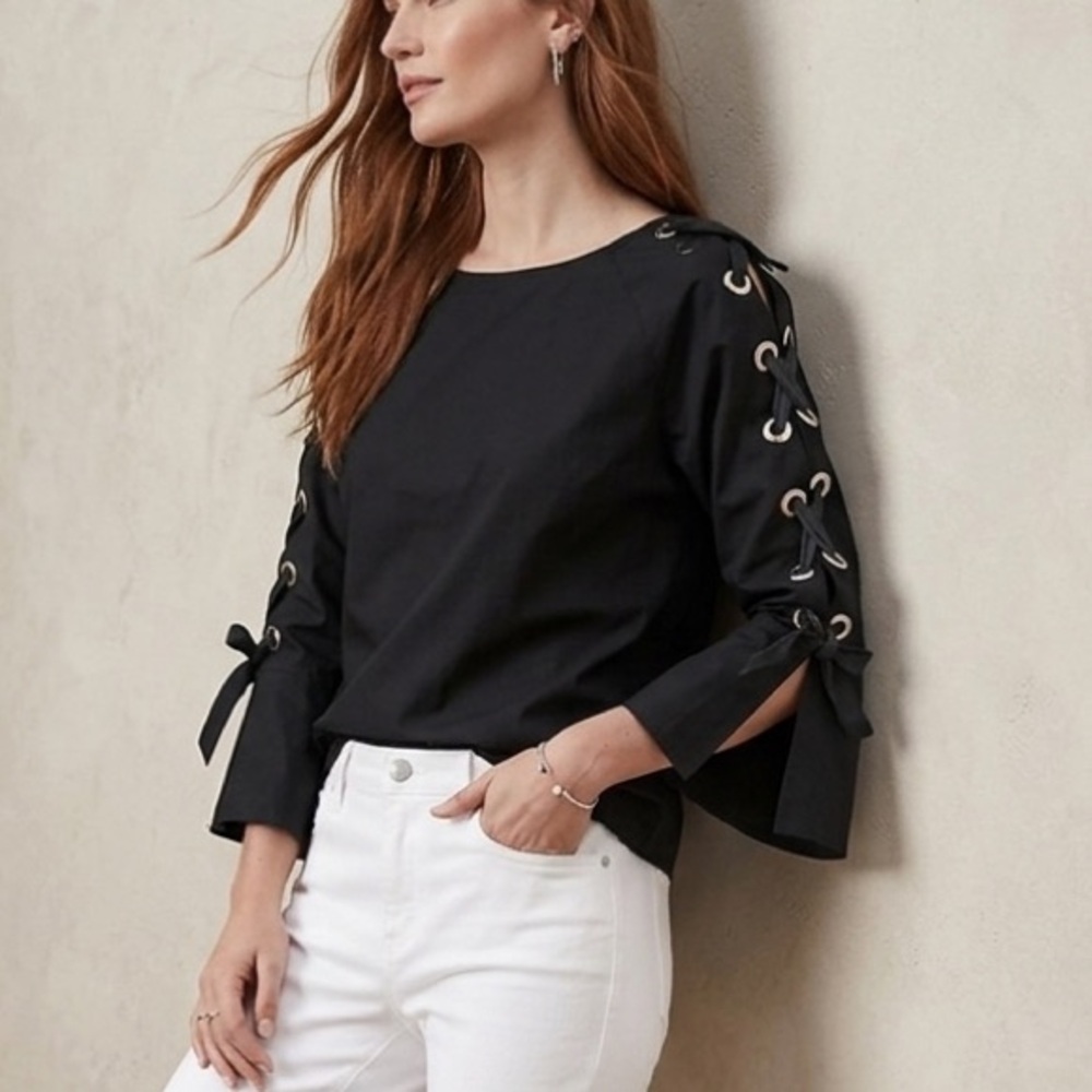 Neiman Marcus Lace Up Grommet Bell Sleeve Black Blouse S